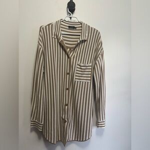 Striped Button-Up Sweater Jacket - Tan & White